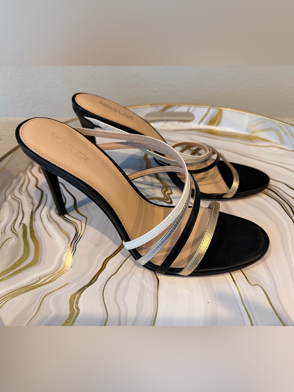 Rachel Zoe Black, White, Silver & Gold Metallic Strappy High Heel Sandals
